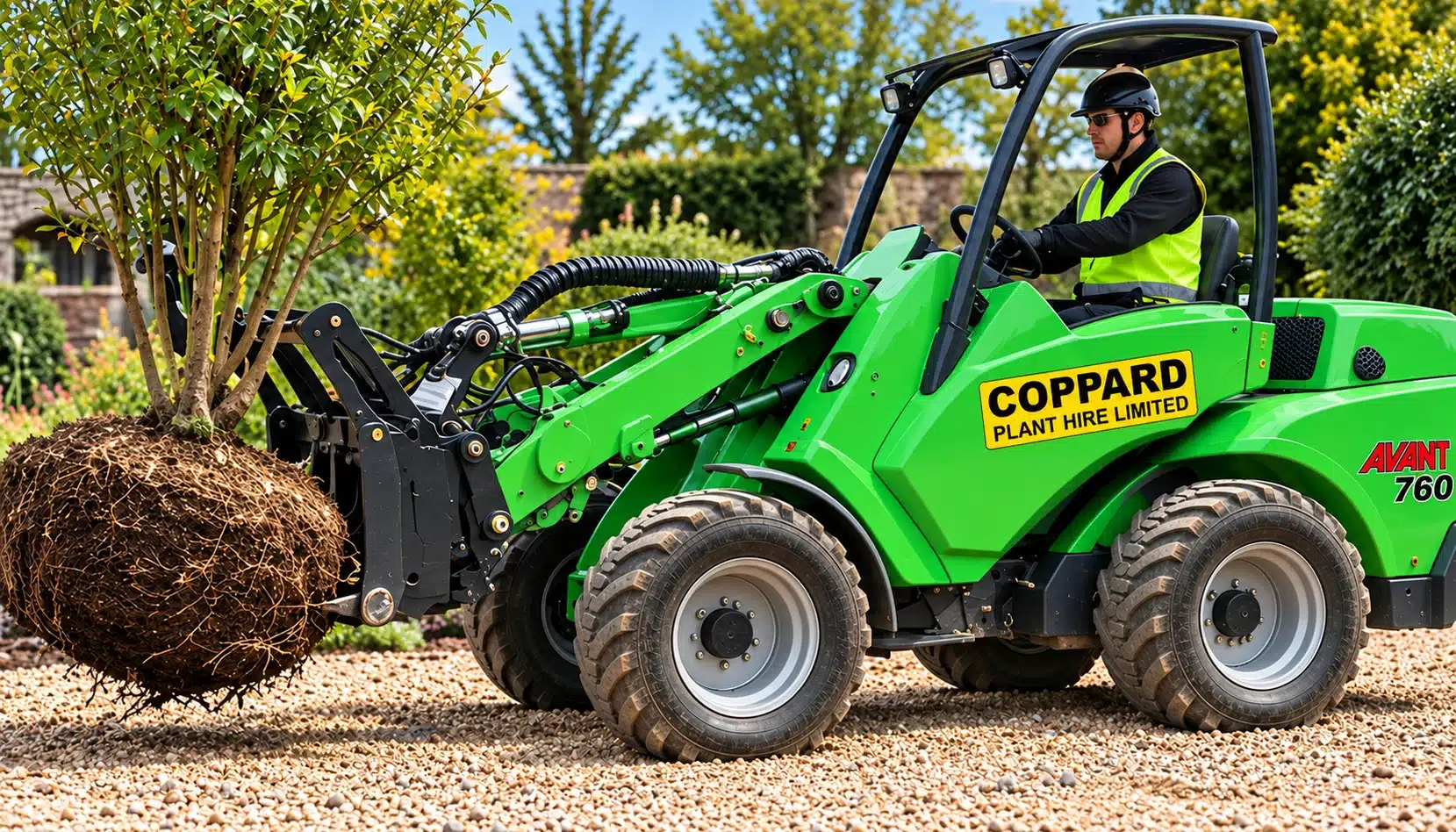 Avant loader tree rootball landscaping