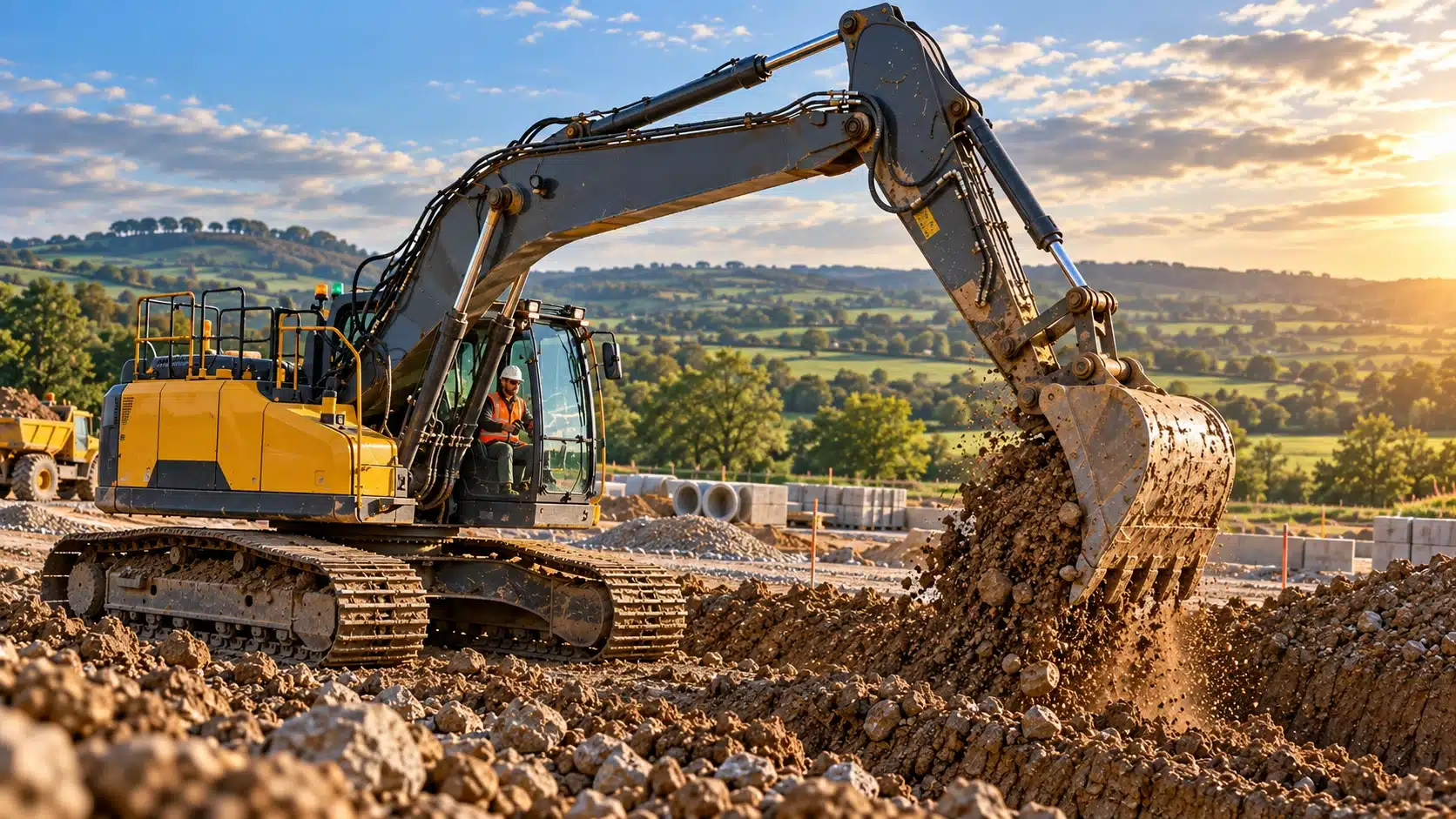 Excavator digging on a groundworks site in Godstone