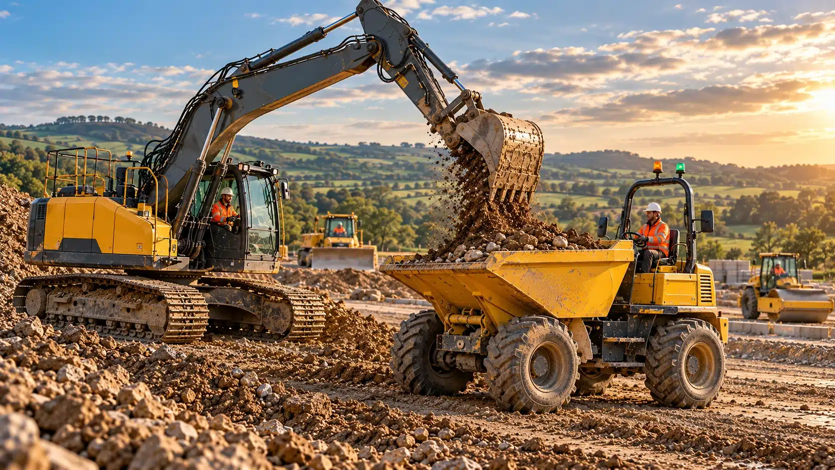 Excavator loading a dumper on a Godstone construction site