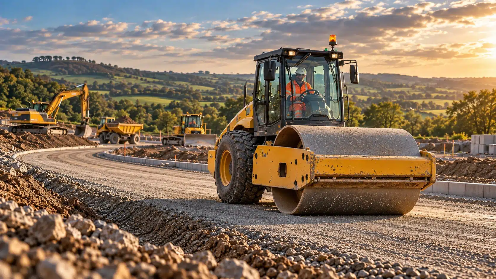 Road roller compacting a site road near Godstone