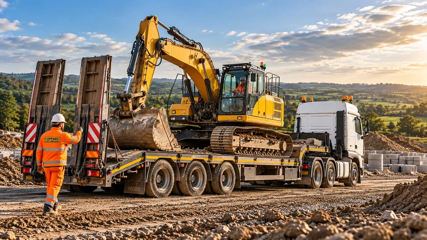 Excavator on a plant delivery lorry at a Godstone site