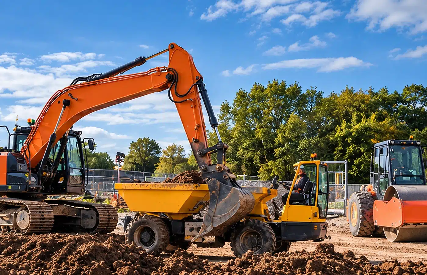 Operated excavator loading a dumper in Godstone