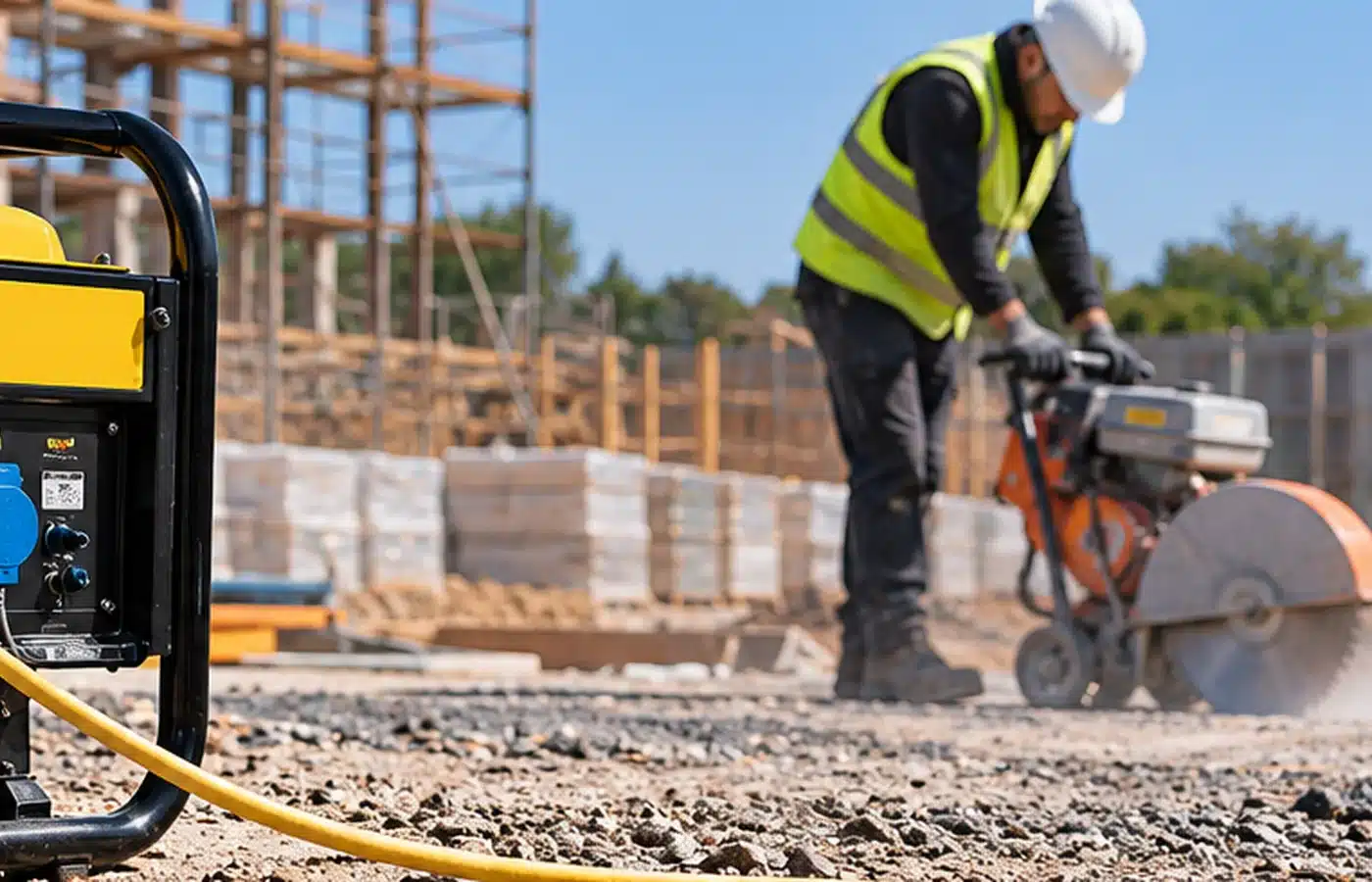Petrol generator powering site saw