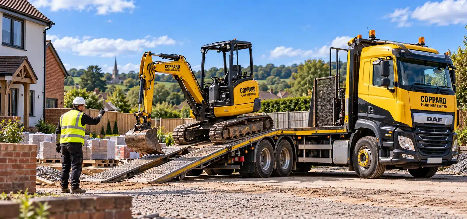 Mini excavator unloaded from a Coppard delivery lorry