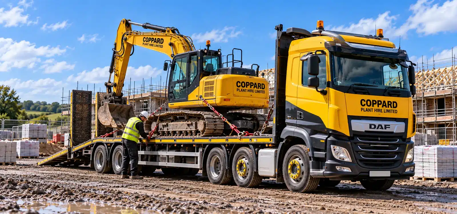 Excavator secured on a Coppard lorry for transport