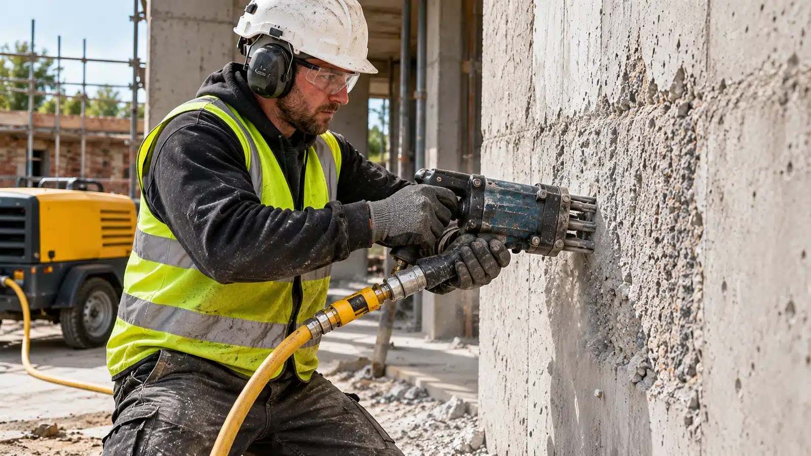 Hand scabbler concrete wall