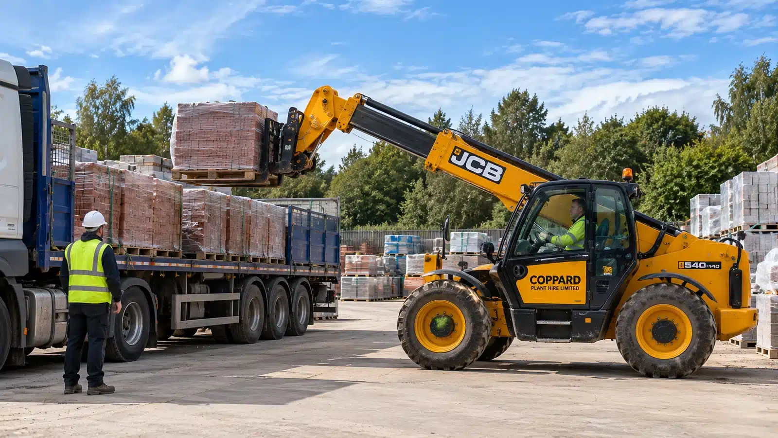 JCB telehandler unloading building materials